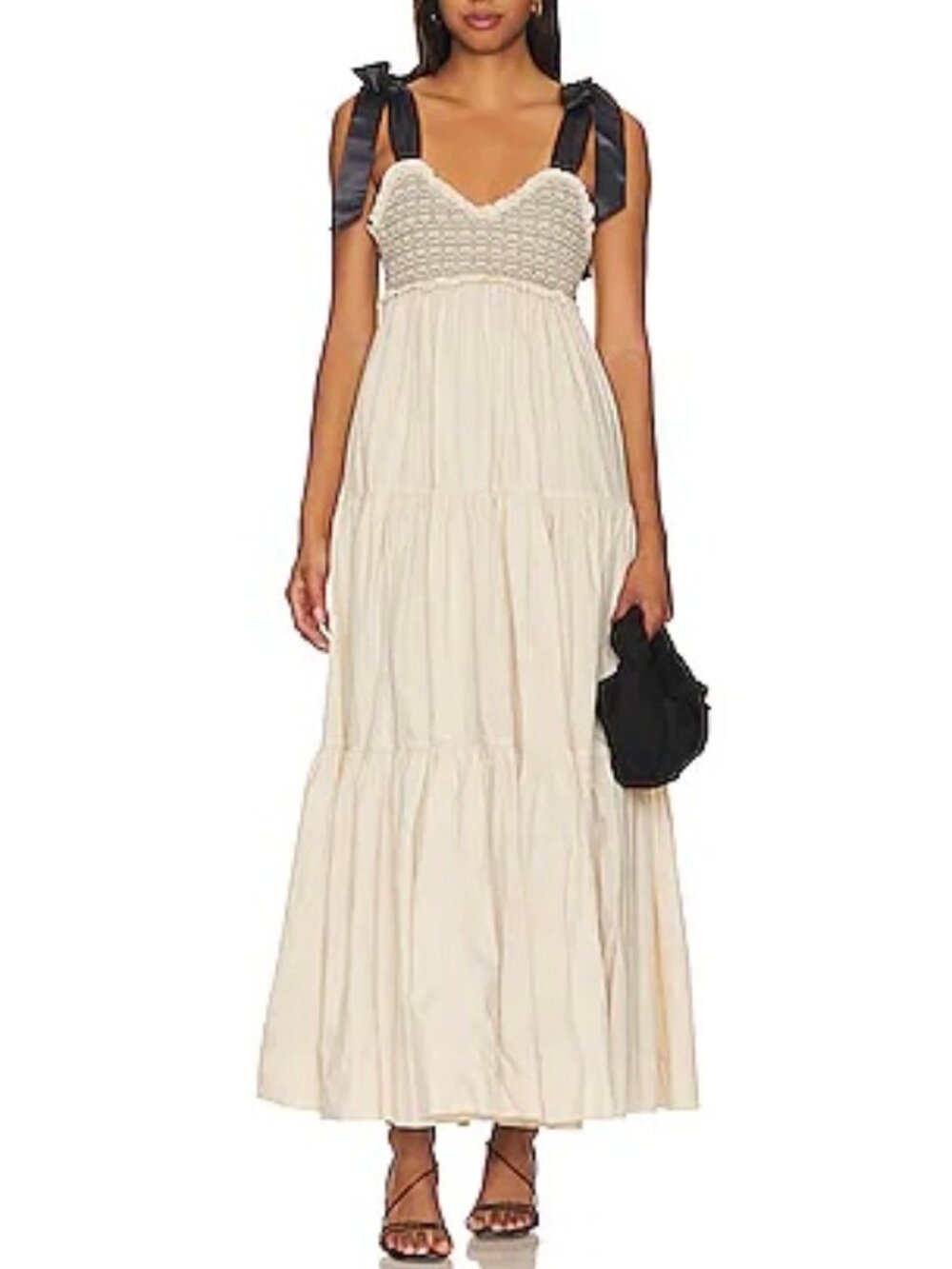 Free People Bluebell Cream Tie-Shoulder Maxi Dress with Smocked Bodice Sz S